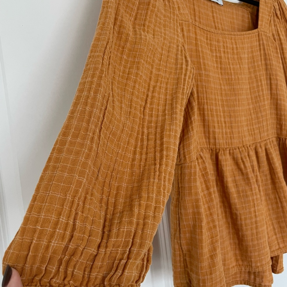 Madewell Lightspun Millbrook Puff Sleeve Peplum Top in Windowpane - Picture 3 of 4